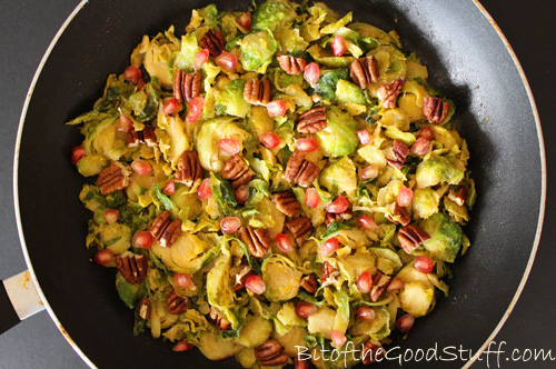 Sweet Miso Brussels Sprout Hash with Pecans and Pomegranate