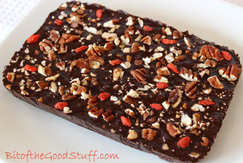 Coconut Chocolate Bark with Goji Berries and Pecans