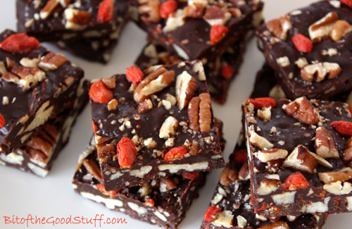 Coconut Chocolate Bark with Goji Berries and Pecans