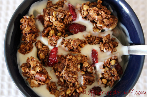 Chocolate Granola Clusters with Hazelnuts, Pecans and Cranberries