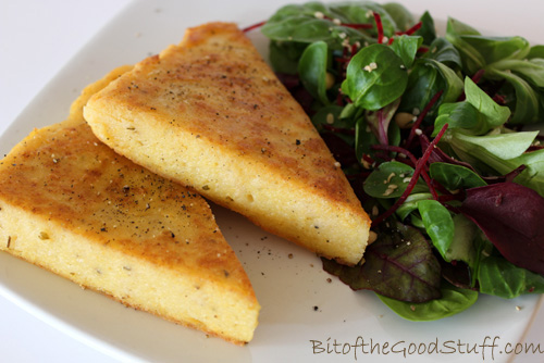 Seared Polenta with Colourful Salad Leaves, Hempseeds and Hummus