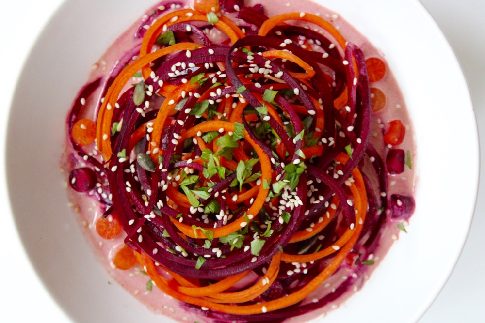 Spiralized Carrot & Beetroot in Ginger Sesame Coconut Sauce