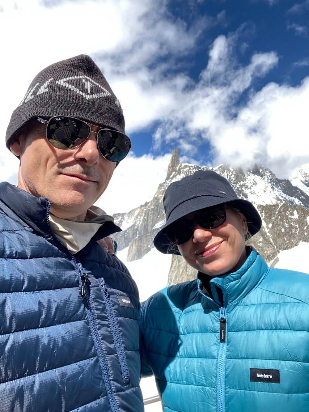 Mark and Sharon in their Finiterre Nimbus Jackets at Punta Helbronner