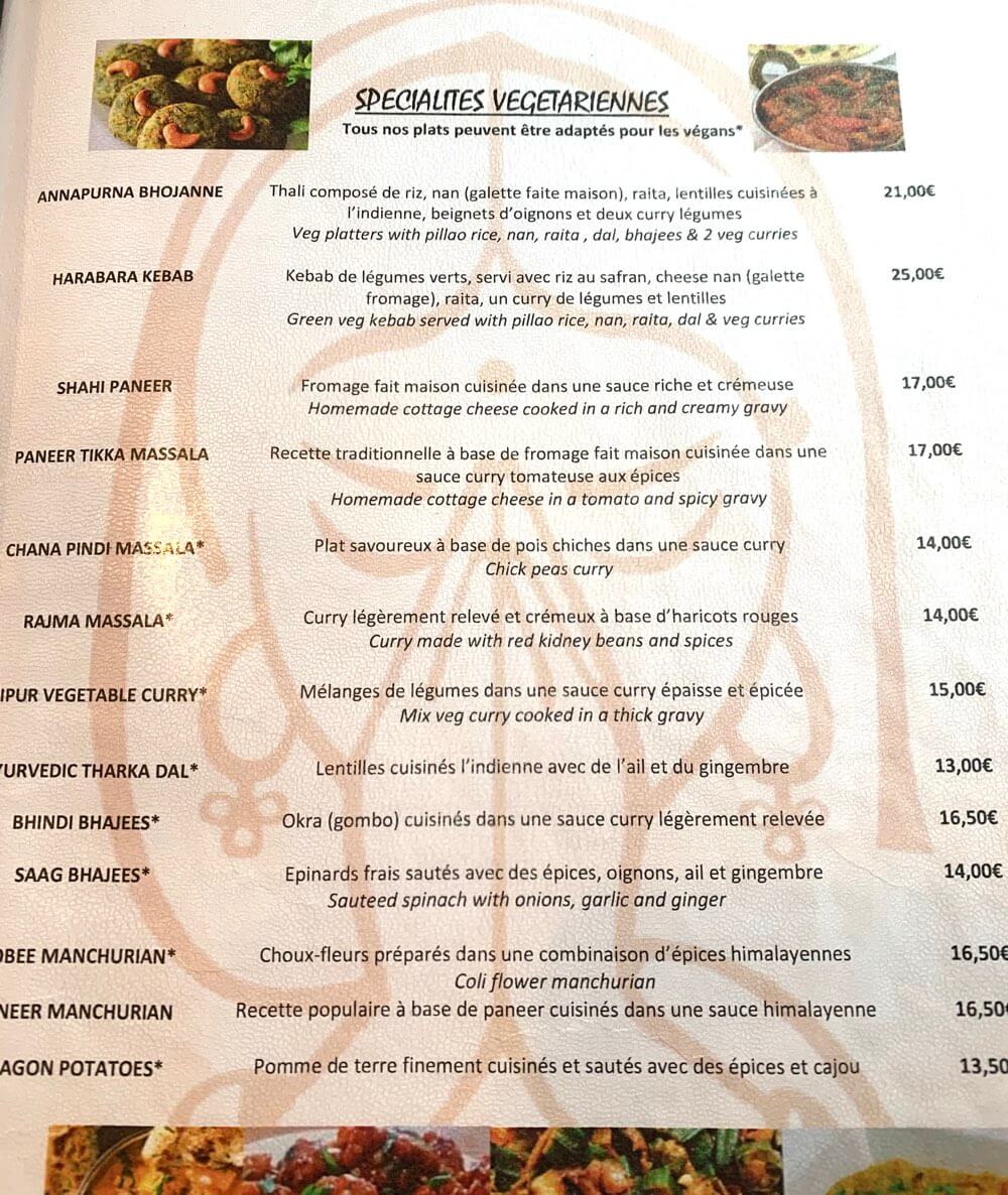 Annapurna vegetarian menu, July 2025. Everything with an asterix is vegan (or can be made vegan!)