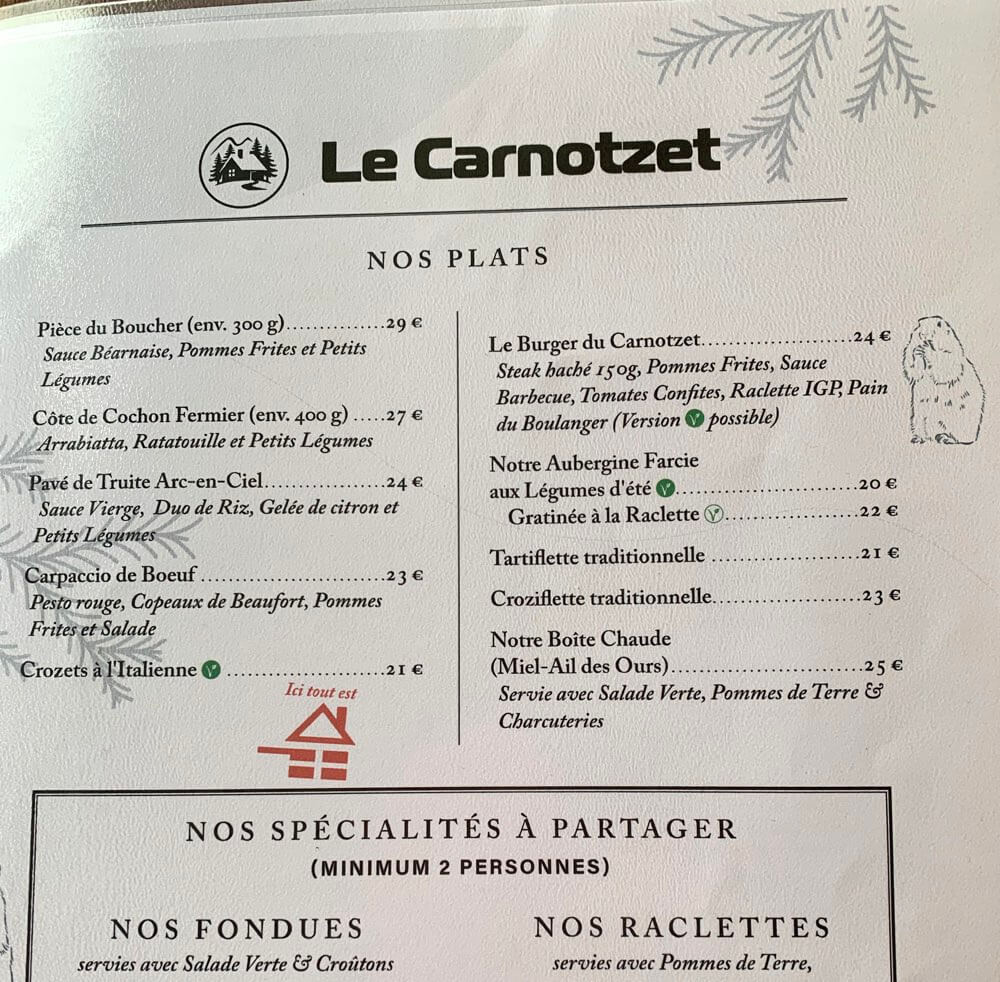 Vegan options at Le Carnotzet restaurant, Les Contamines