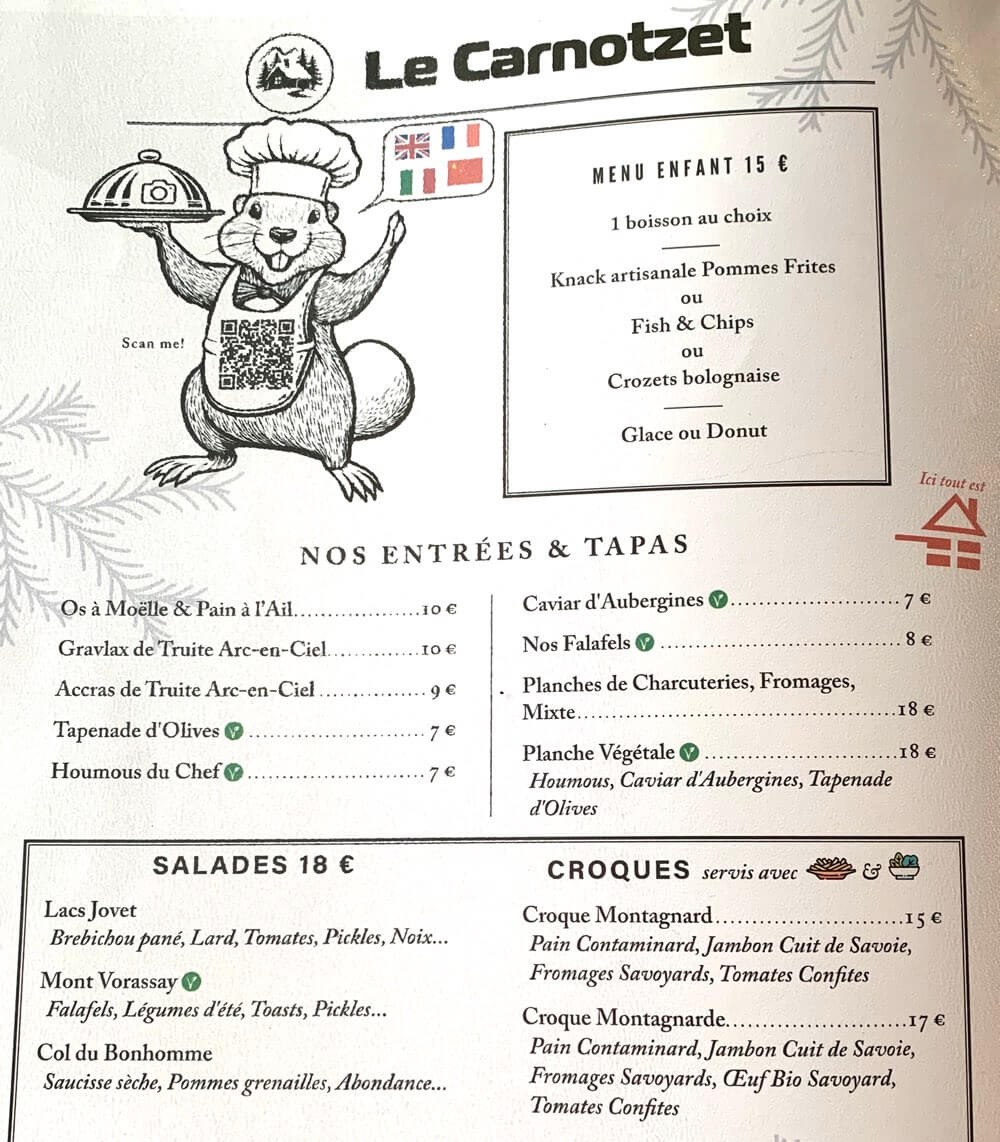 Vegan options at Le Carnotzet restaurant, Les Contamines