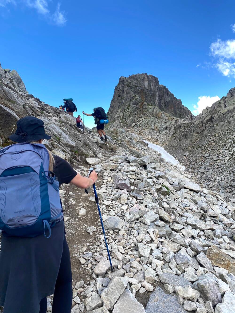 Sharon on the TMB, about to embark on a steep climb in the Aiguilles Rouges