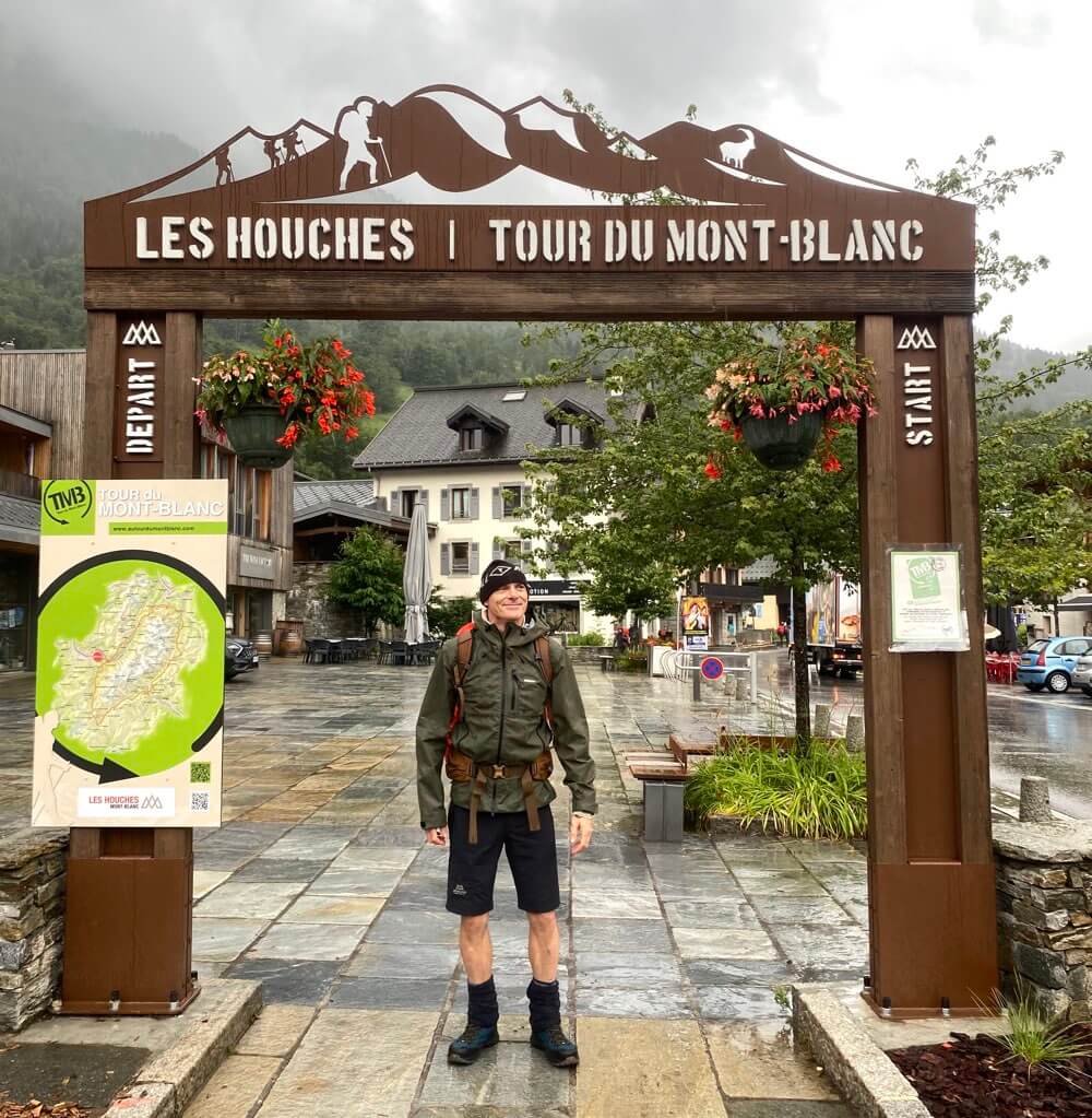 Mark at the TMB start arch in Les Houches