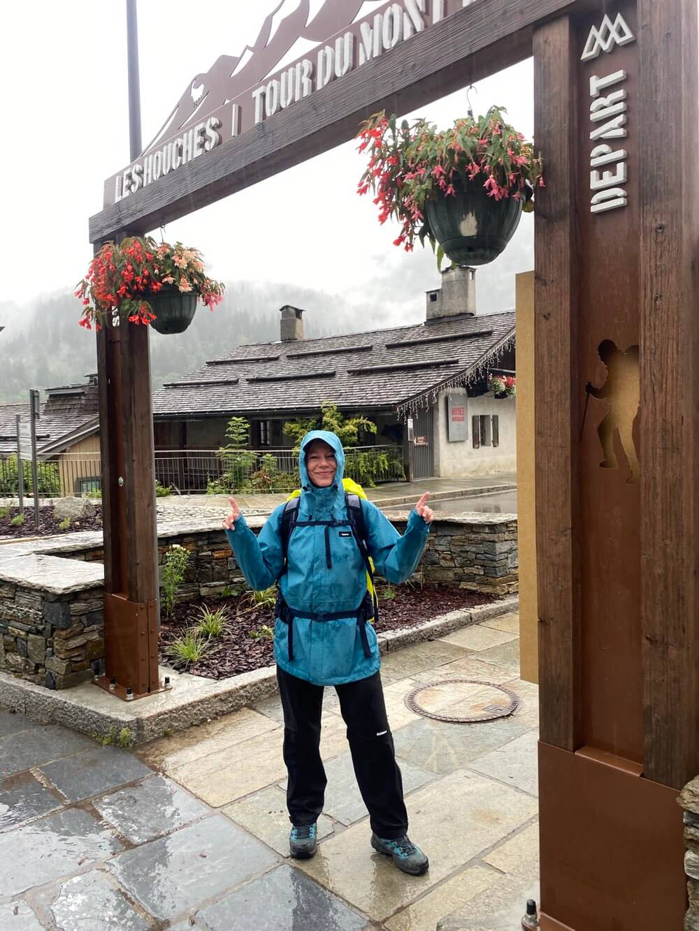 Sharon at the TMB start arch in Les Houches