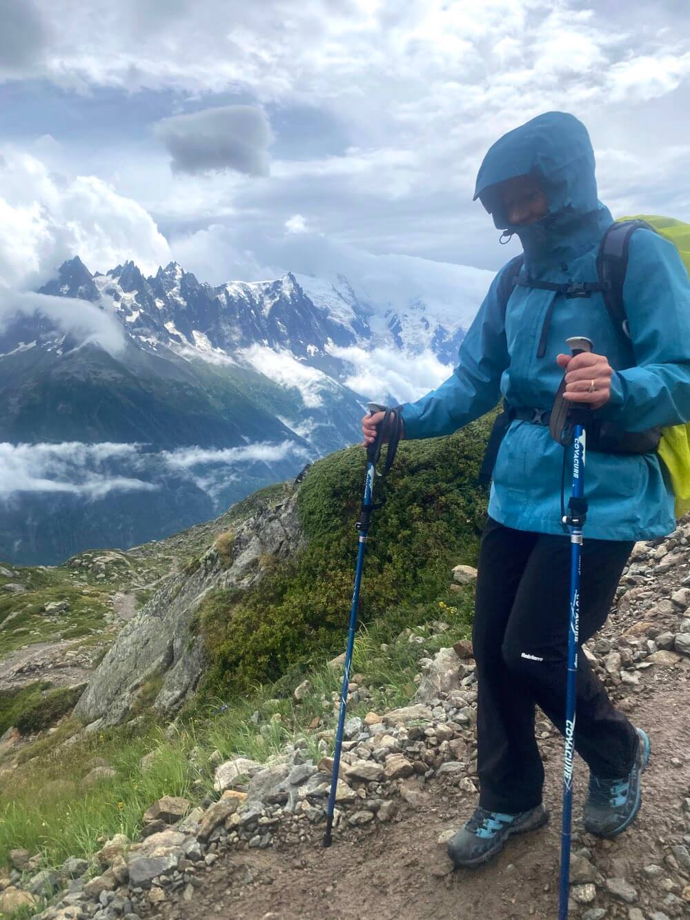 Sharon in all her waterproof kit on the TMB 